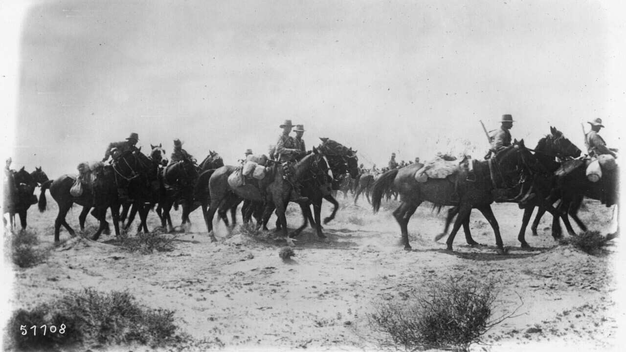 New Zealand troops on road to Gaza, Palestine, WW1
