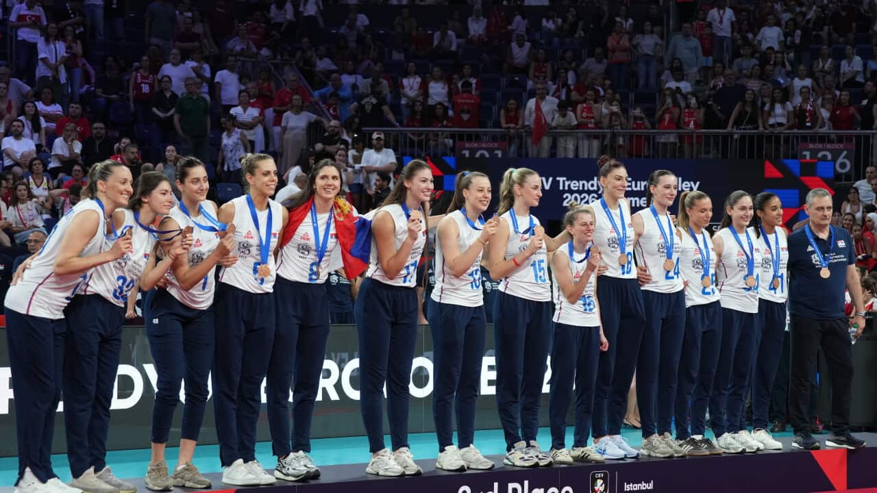 Serbia players pose with their bronze medals after the Women's Euro final volleyball match between Italy and Turkey in Istanbul, Sunday, Sept. 6, 2026