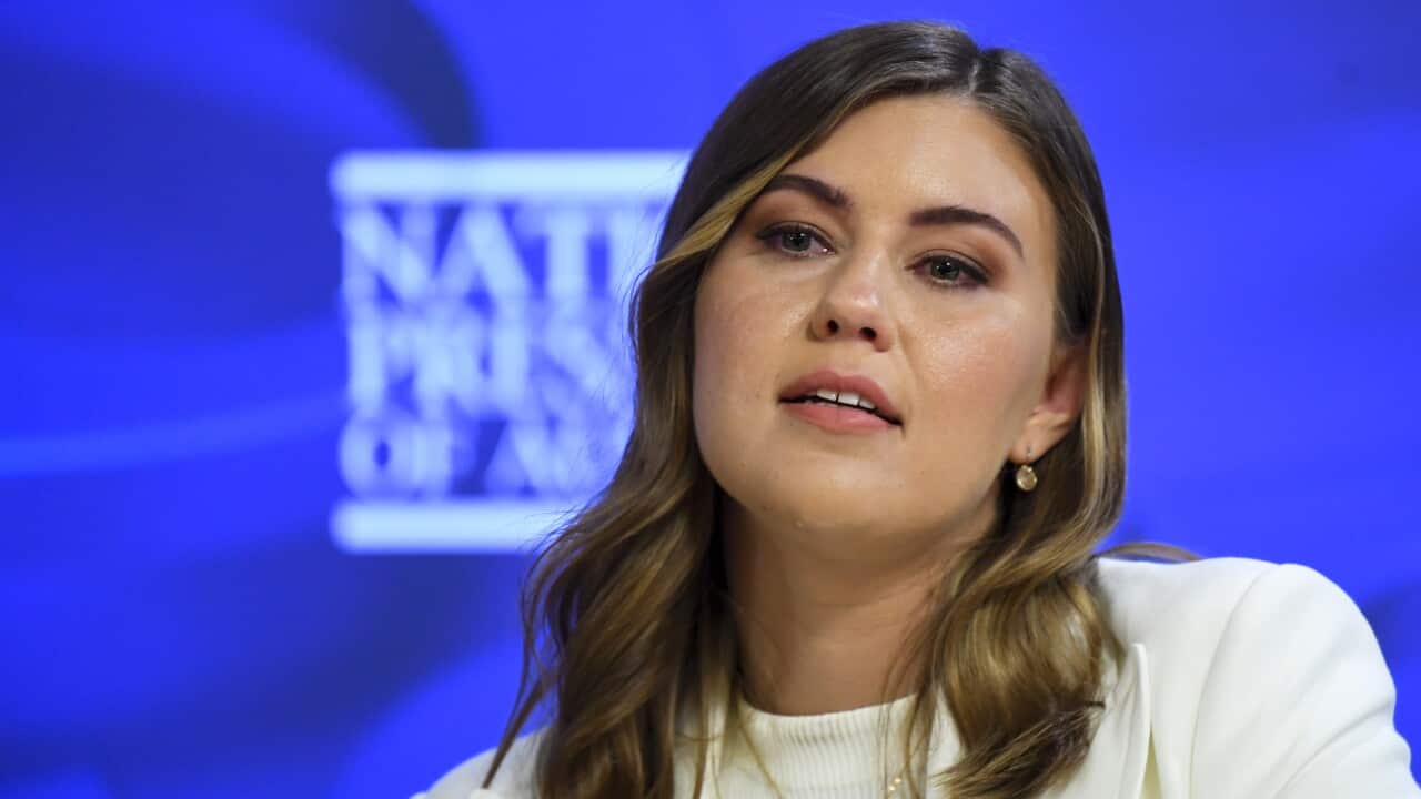 Brittany Higigns at the National Press Club in Canberra.