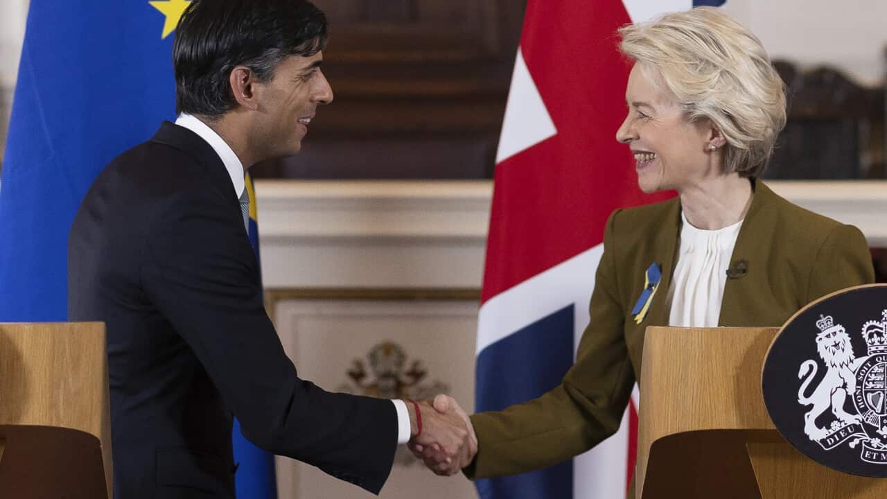 Britain's Prime Minister Rishi Sunak and EU Commission President Ursula von der Leyen, right, shake hands