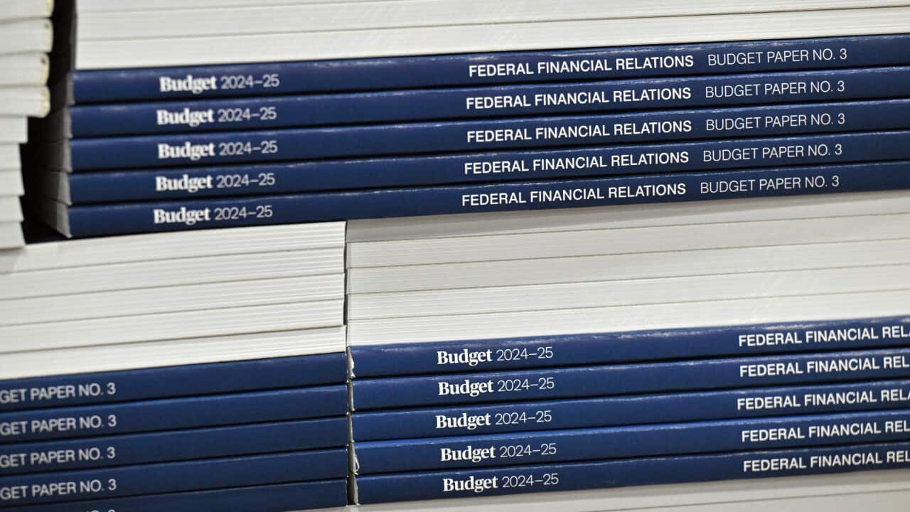 Budget paper documents stacked on top of one another, with their spines visible.