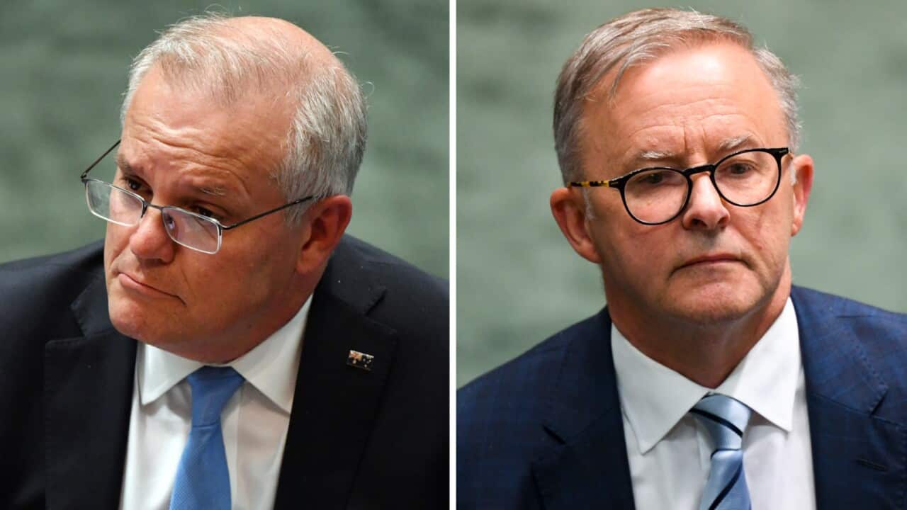 A comparison diptych generated on Monday, February 21, 2022, shows (left) Prime Minister Scott Morrison during Question Time in the House of Representatives at Parliament House in Canberra, Wednesday, February 16, 2022, and (right) Australian Opposition L