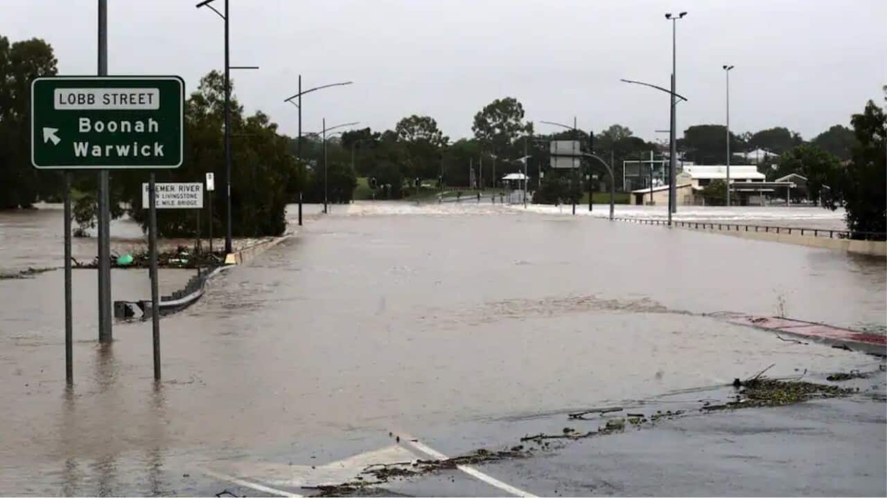 The flooded One Mile Bridge in Ipswich, Queensland, 26 February, 2022.