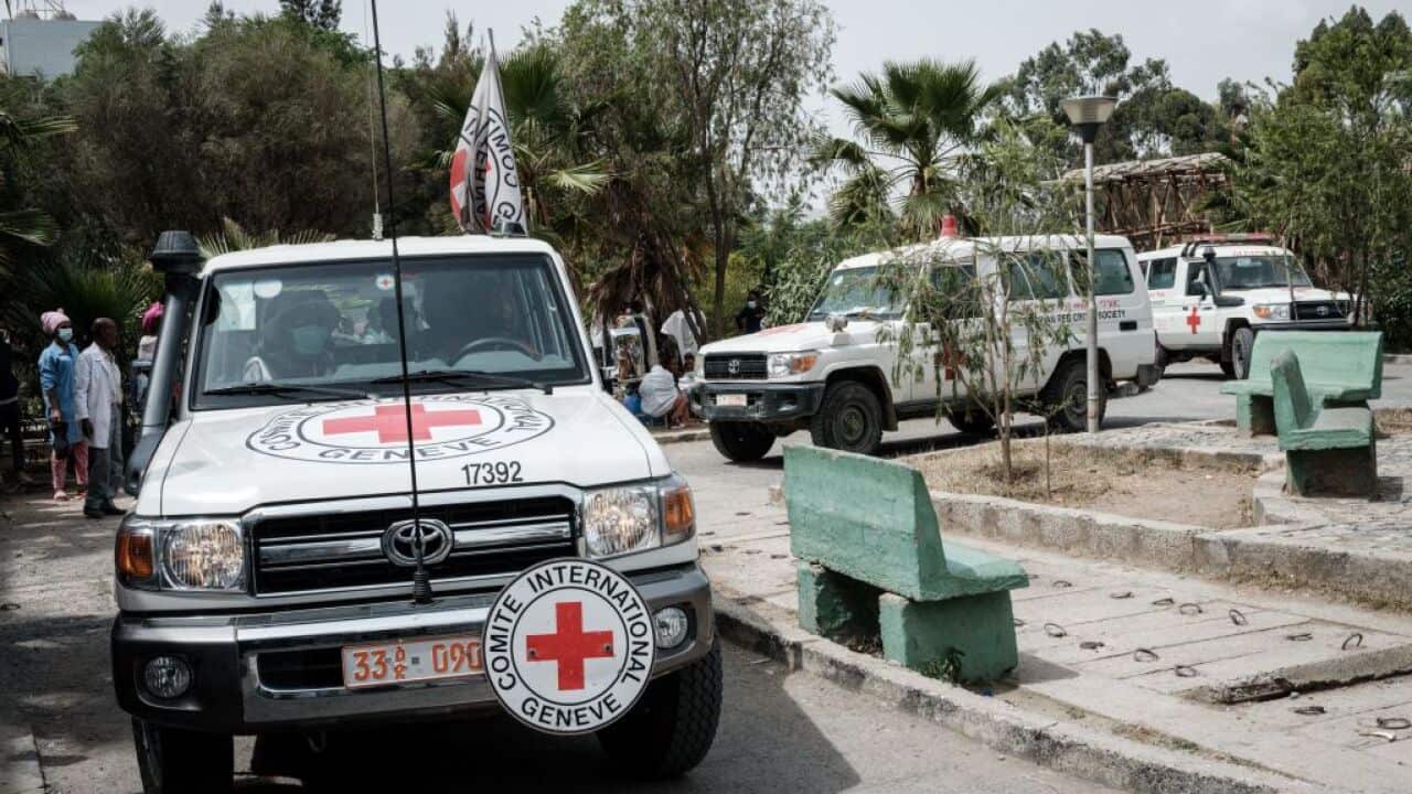 Ambulances of Red Cross are seen at the Mekele General Hospital in Mekele, on June 24, 2021