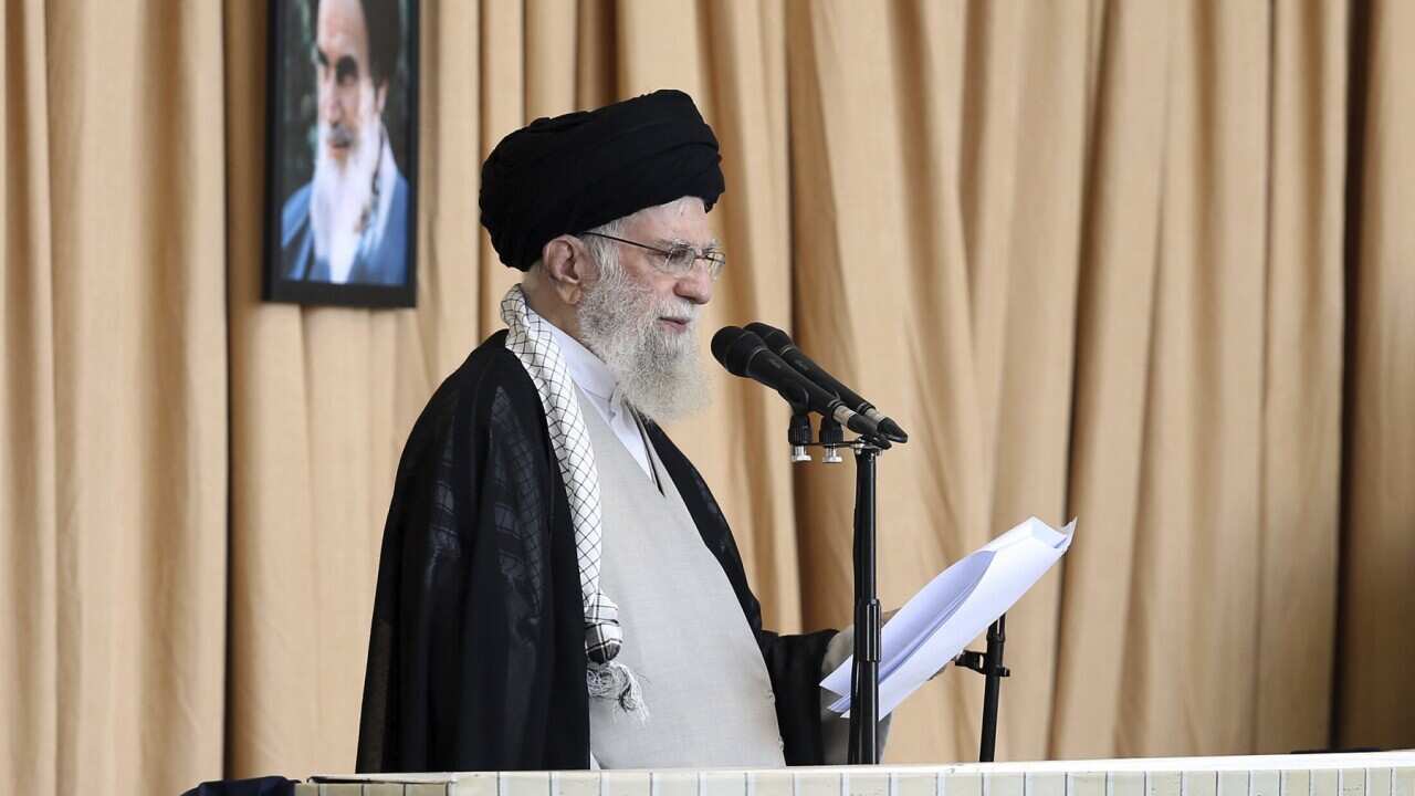 Supreme Leader Ayatollah Ali Khamenei delivers his sermon during Friday prayers at Imam Khomeini grand mosque.