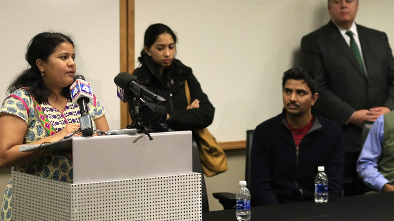 Sunayana Dumala (L) talks about her late husband, Srinivas Kuchibhotla