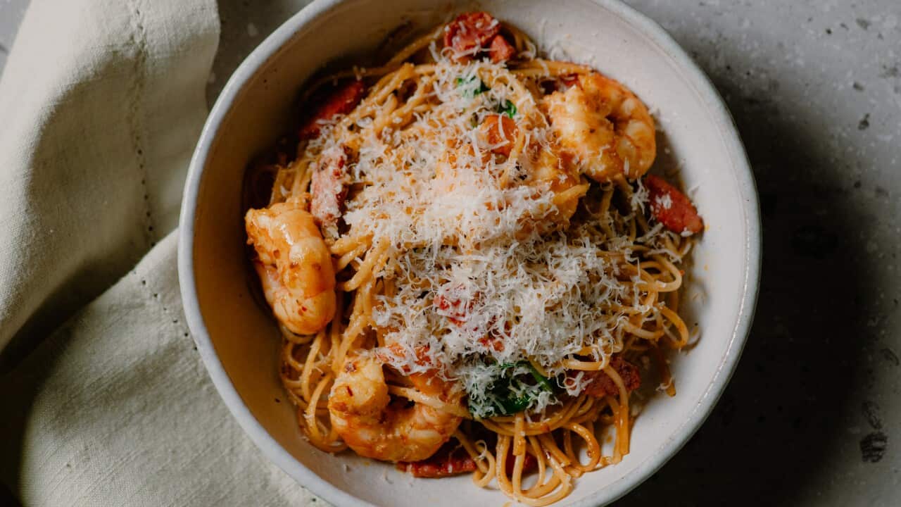 Garlic chorizo and prawn linguine
