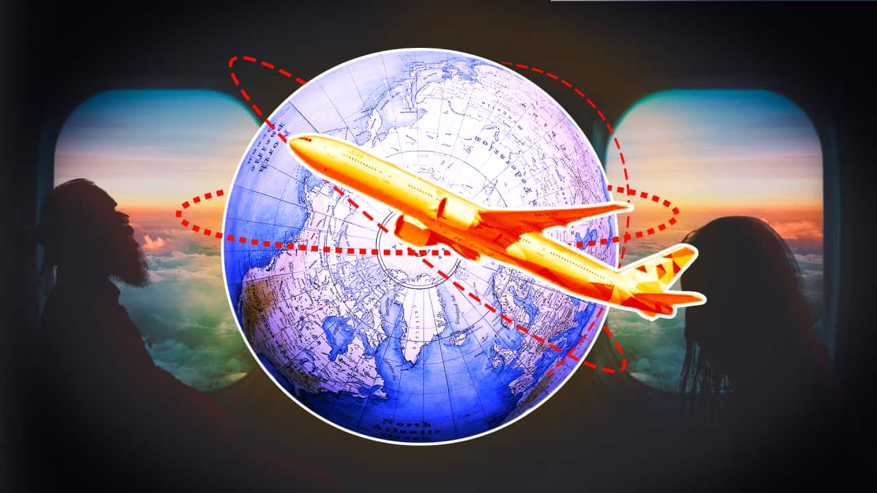 Two people looking out airplane windows at colourful clouds. Superimposed on top is a plane, and a globe of the world.