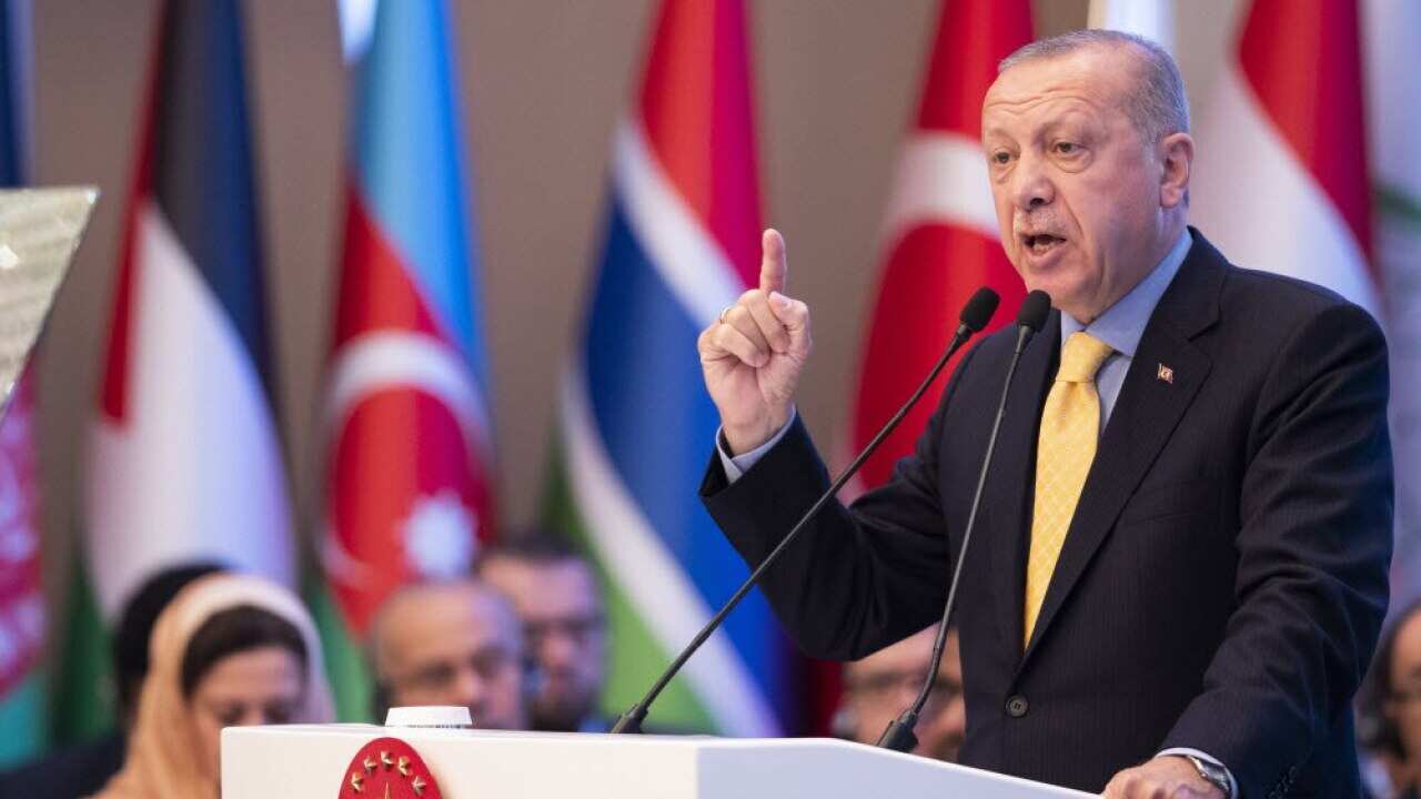 Turkish President Recep Tayyip Erdogan speaks at the Emergency Meeting of Executive Committee in Instanbul.