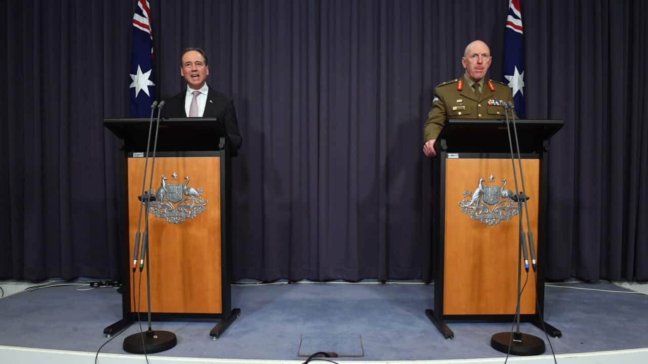 Minister for Health Greg Hunt and COVID-19 Taskforce Commander, Lieutenant General John Frewen