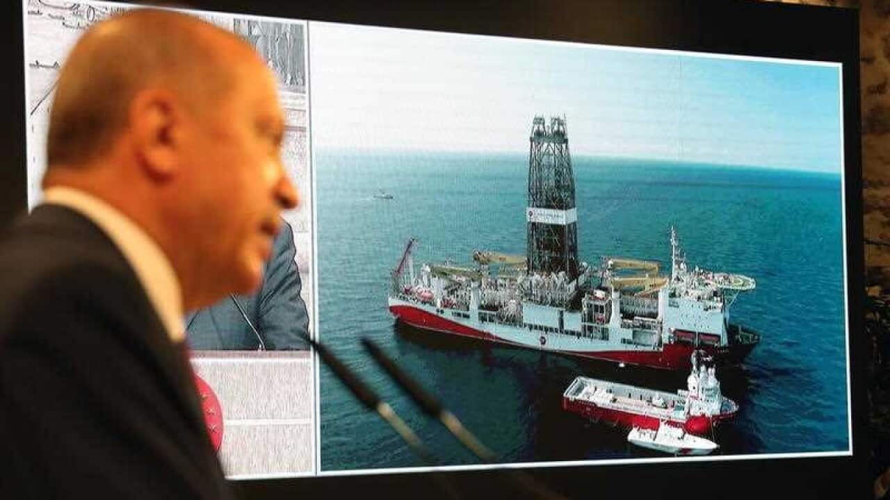 Turkish President Recep Tayyip Erdogan in a video conference with Turkish drilling vessel Fatih announcing the biggest natural gas discovery in Istanbul.