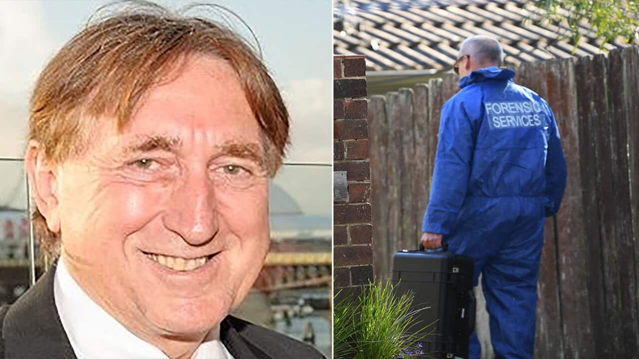 A NSW Police forensic officer walks to a property at in Normanhurst (R) and John Edwards (L).