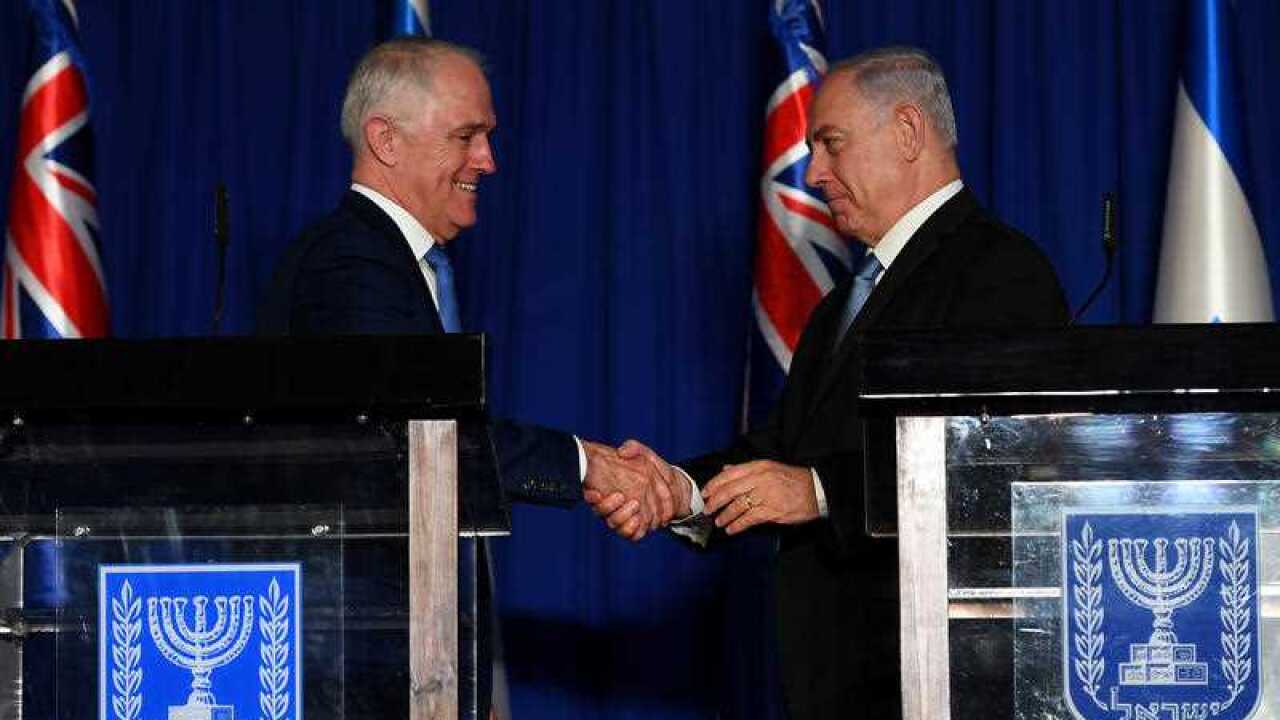 Australian Prime Minister Malcolm Turnbull (left) shakes hands with Israeli Prime Minister Benjamin Netanyahu