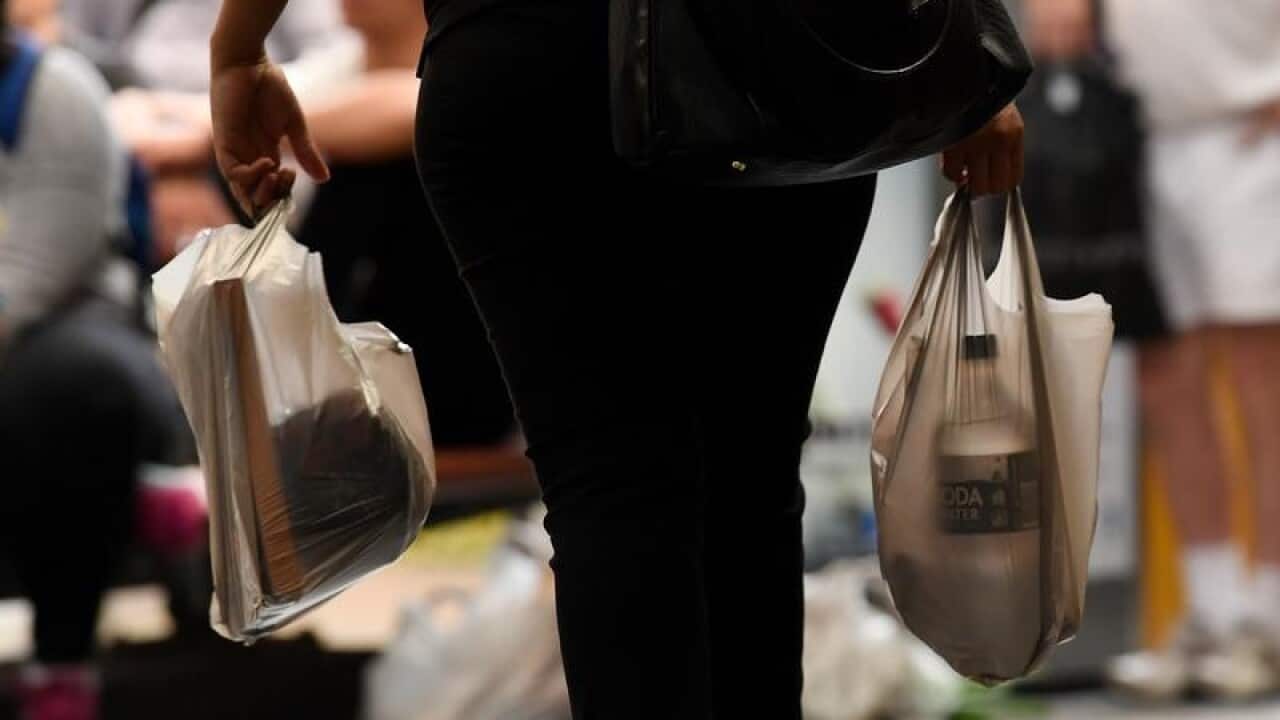 A customer holds plastic supermarket shopping bag.