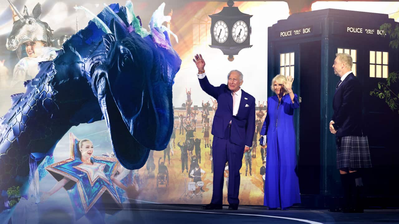 King Charles and Camilla alongside a TARDIS and the Loch Ness Monster.