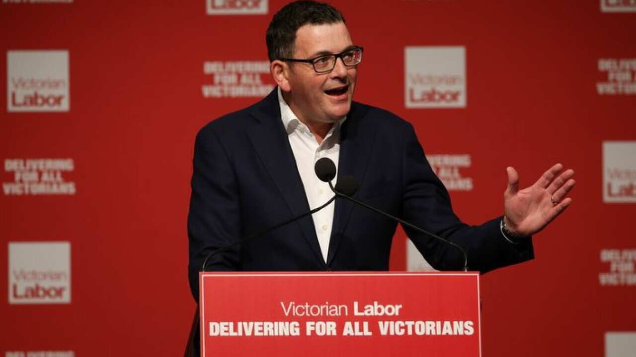 Victorian Premier Daniel Andrews addresses the 2018 Victorian Labor State Conference held at Moonee Valley Racecourse in Melbourne, Saturday, May 26, 2018. (AAP Image/David Crosling) NO ARCHIVING