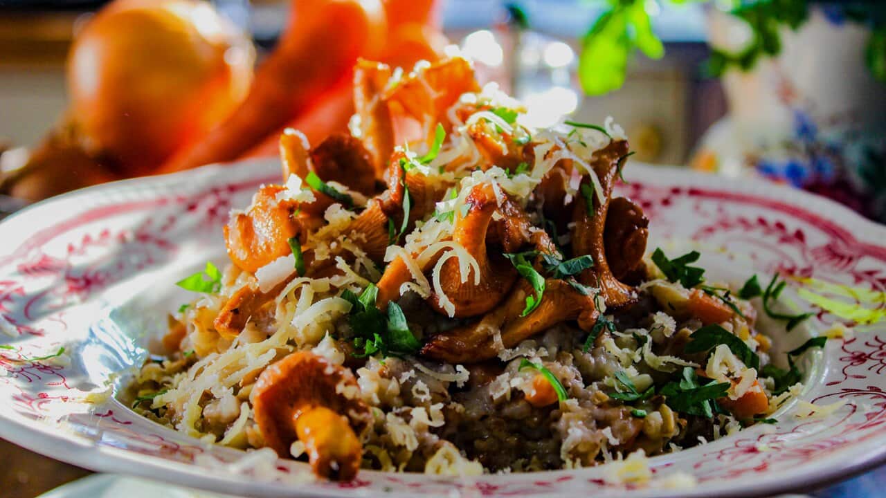 Toasted pearl barley mushroom risotto