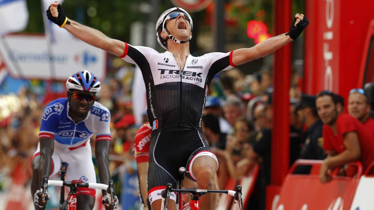 Primal yell... Jasper Stuyven (Trek Factory Racing) wins Stage 8 of Vuelta a España in Murcia.