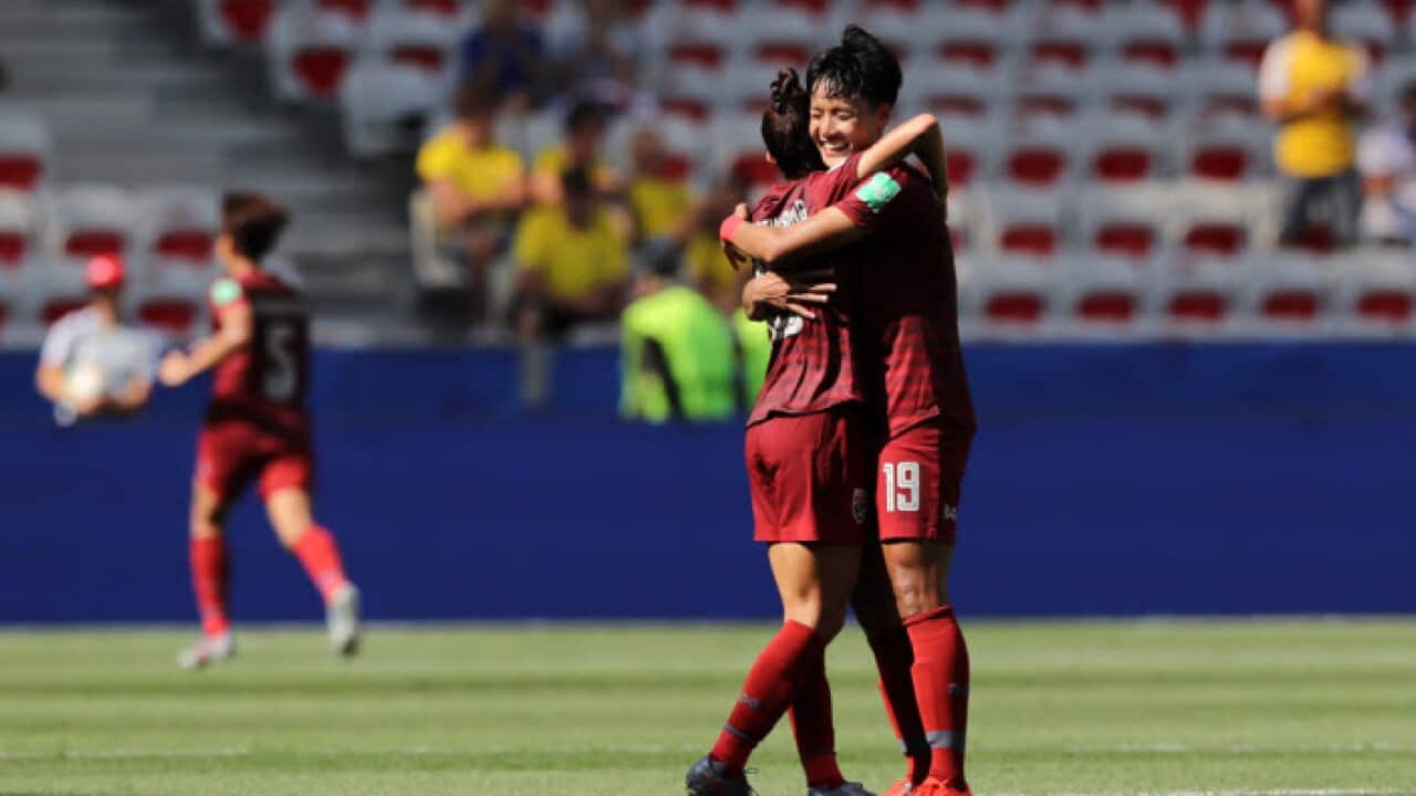 Celebrations as Thailand captain Kanjana Sung-Ngoen scores the side's first goal of the Women's World Cup (Getty Images)