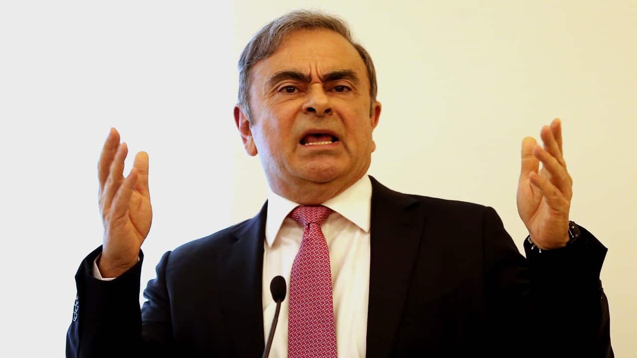 Former Nissan chairman Carlos Ghosn speaks during a press conference in Beirut, Lebanon