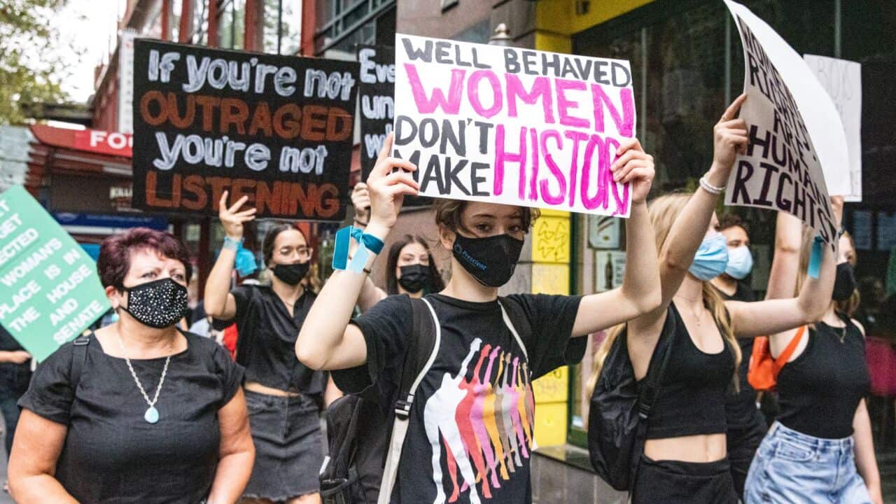 Protesters at a Women’s March 4 Justice in Melbourne on 27 February 2022