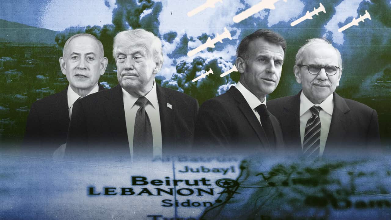 A composite four men, battle scenes, and a map of Lebanon