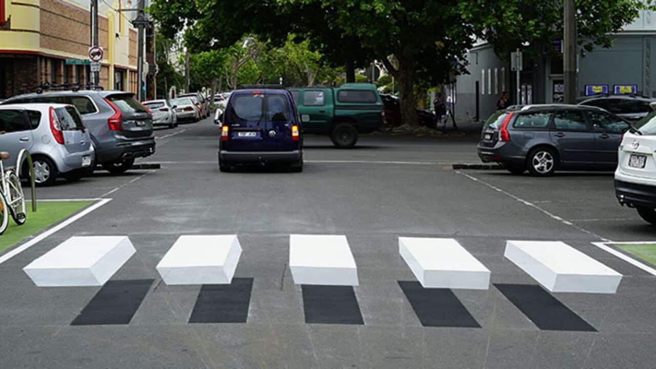 The 3D crossing was installed outside an IGA supermarket in Fitzroy North to try and alert drivers into being aware of their surroundings.