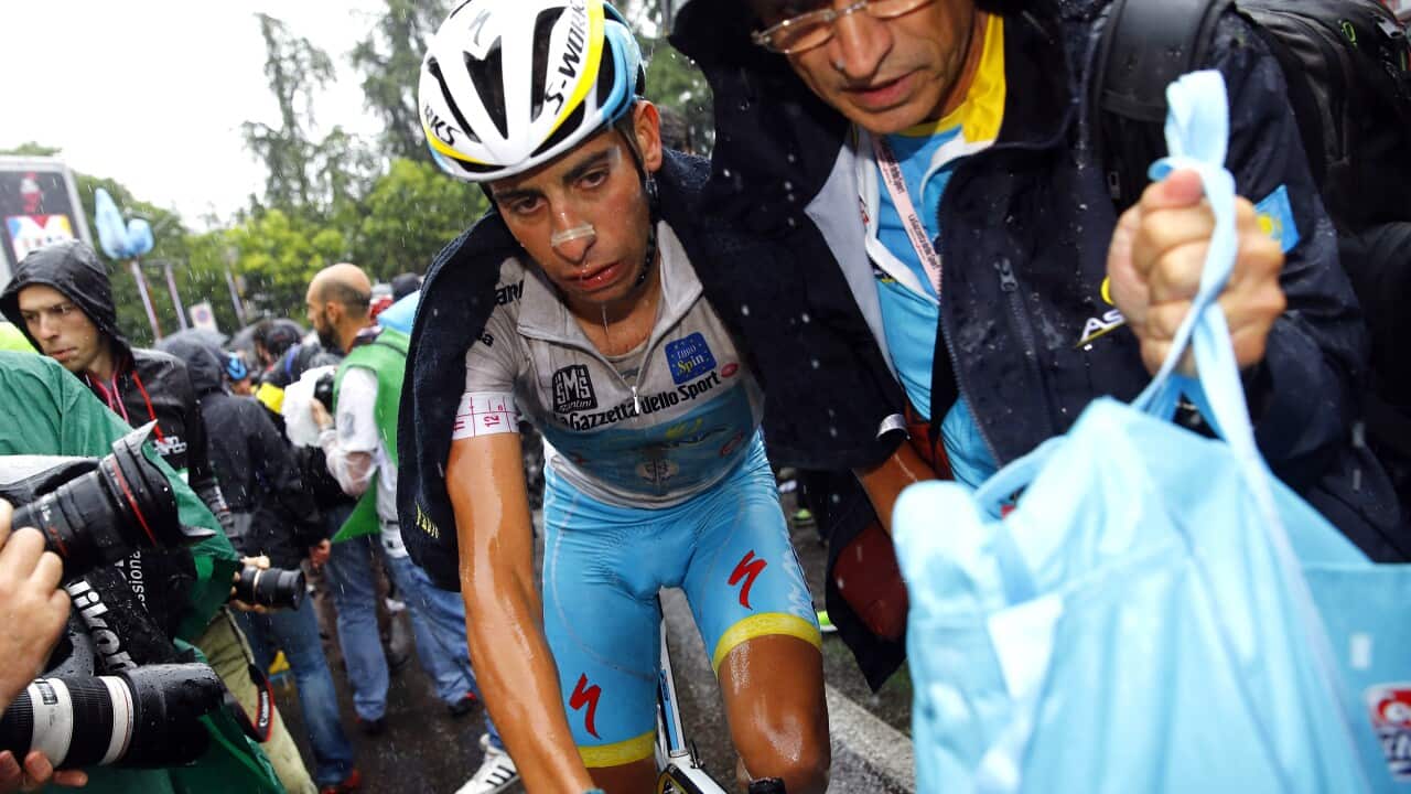 Fabio Aru (Astana) finishes Stage 12 looking hungry and wet.