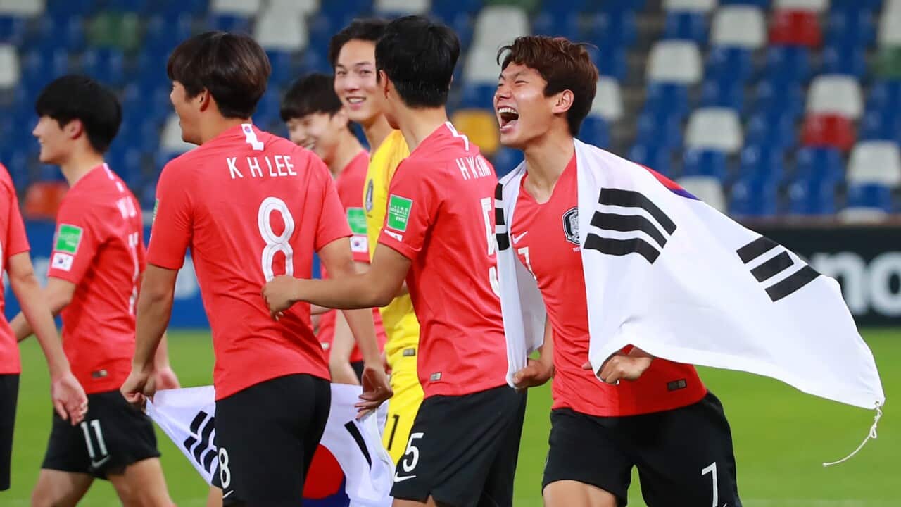 Korean players celebrate their win againt Senegal to reach the semi-final.