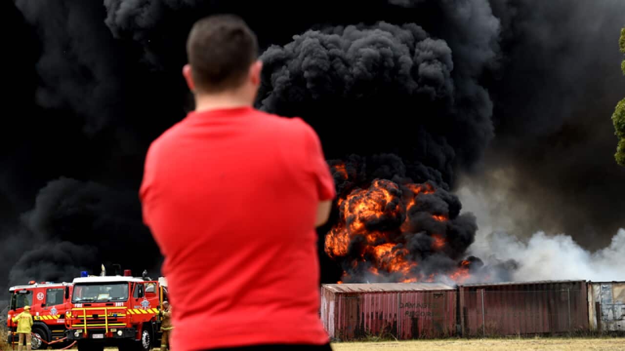 Firefighters battle a tyre fire in Broadmeadows, Melbourne