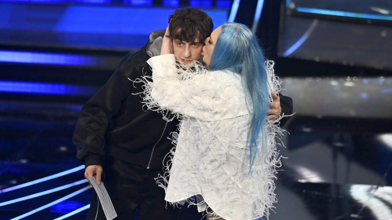 Sangiovanni and Loredana Berté during the 74th edition of the SANREMO Italian Song Festival at the Ariston Theatre in Sanremo, Italy.