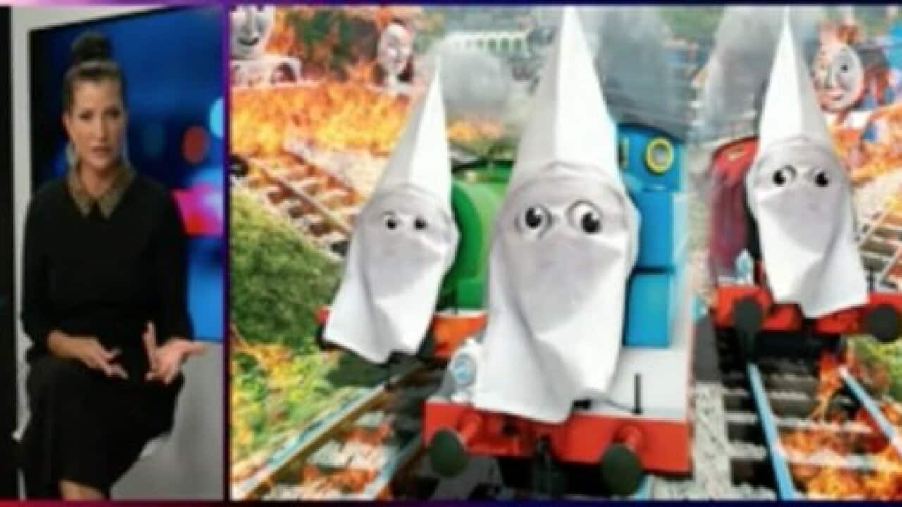 Dana Loesch with a photo of Thomas the Tank Engine in a KKK hood.
