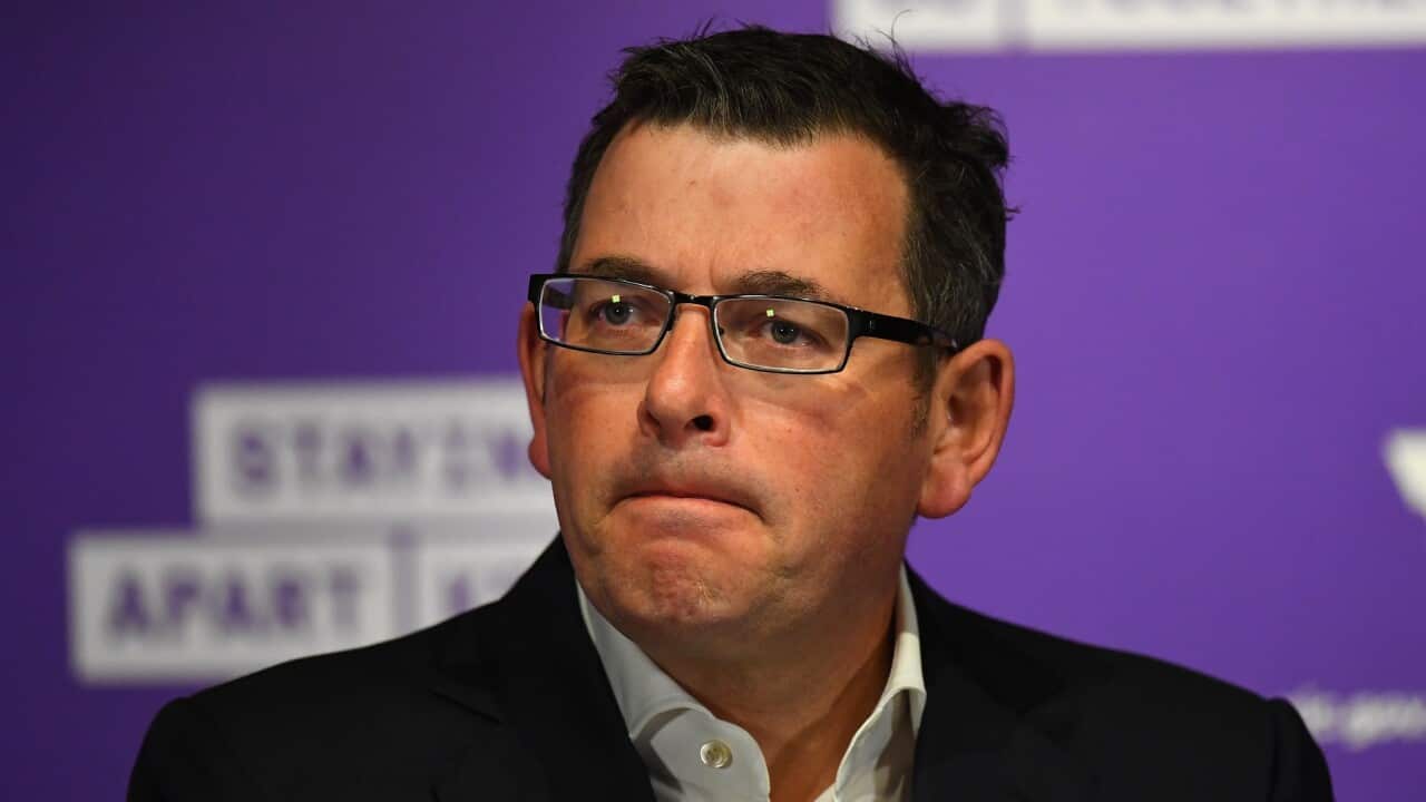 Victorian Premier Daniel Andrews addresses the media during a press conference in Melbourne, Thursday, May 7, 2020. Andrews has announced that Victoria has recorded 14 new cases of Coronavirus today. (AAP Image/James Ross) NO ARCHIVING