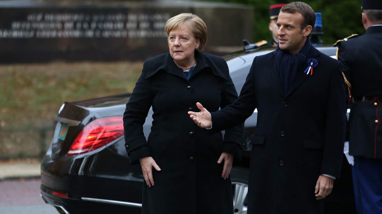 French President Emmanuel Macron and German Chancellor Angela Merkel mark armistice centenary at Compigne. 