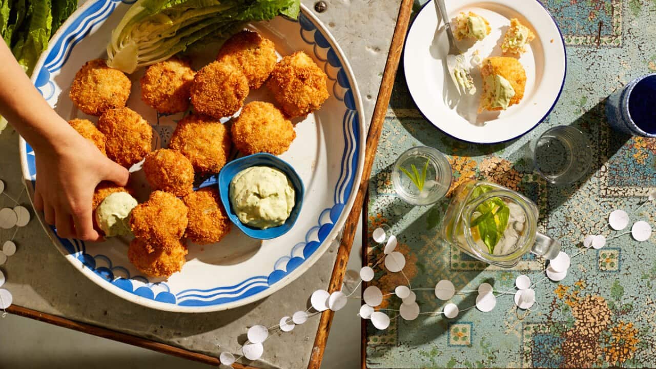 Trout and fennel cakes with green goddess dressing Trout and fennel cakes with green goddess dressing