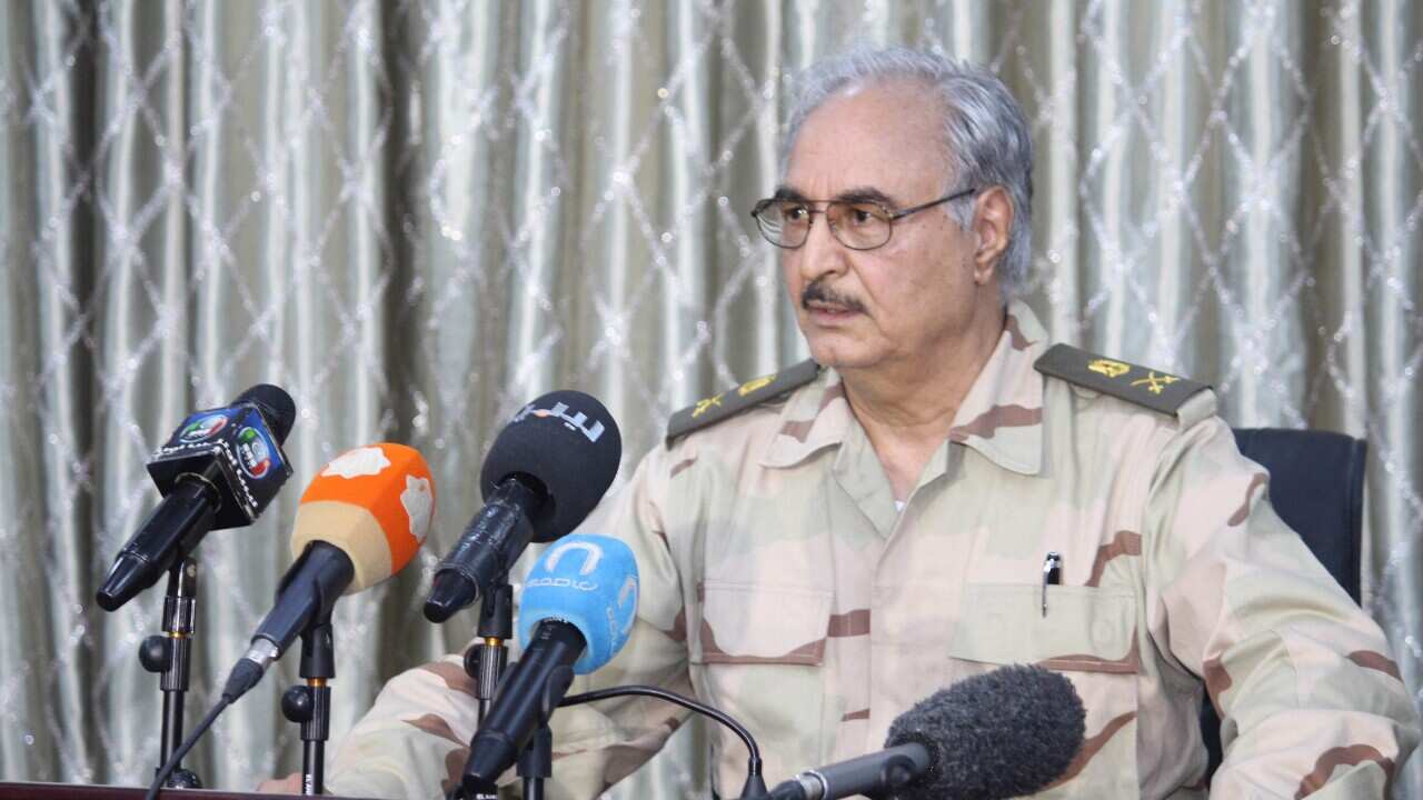(File Image) Libyan military strongman General Khalifa Haftar during a press conference in Abyar, Libya, in May 2014.