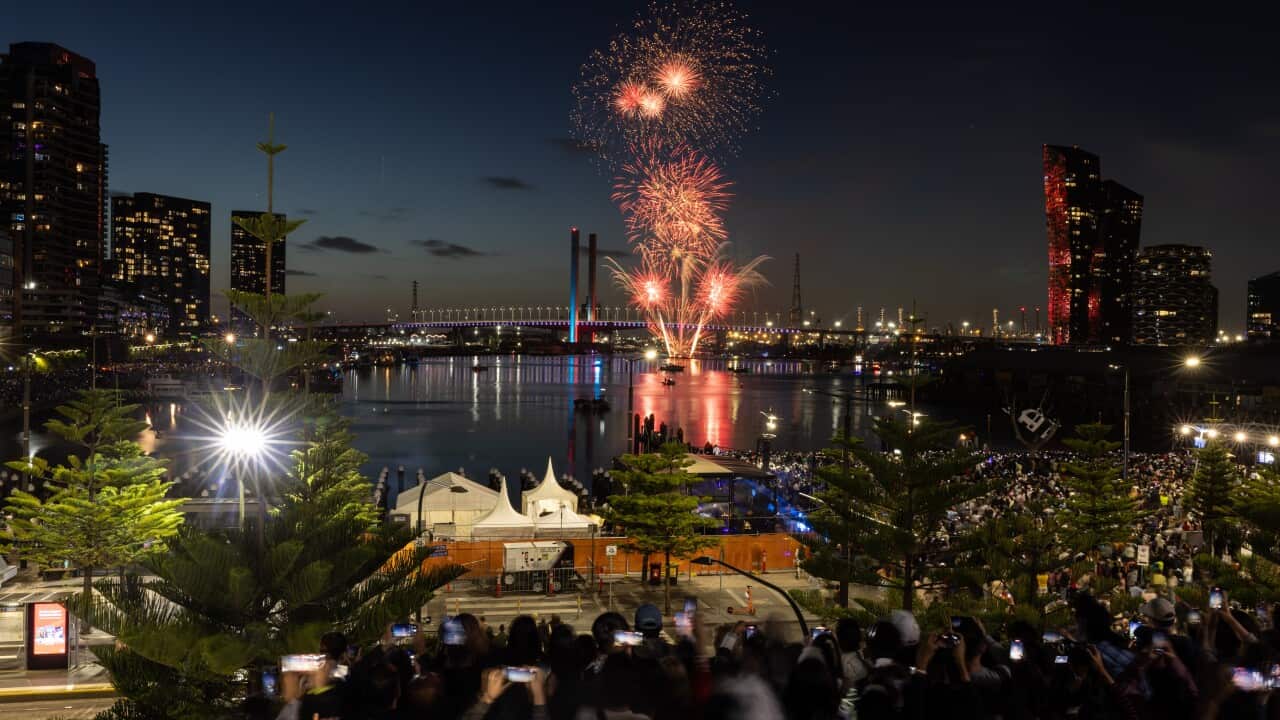 Fireworks are seen above the Bolte Bridge in Dockland during New Year’s Eve celebrations in Melbourne.