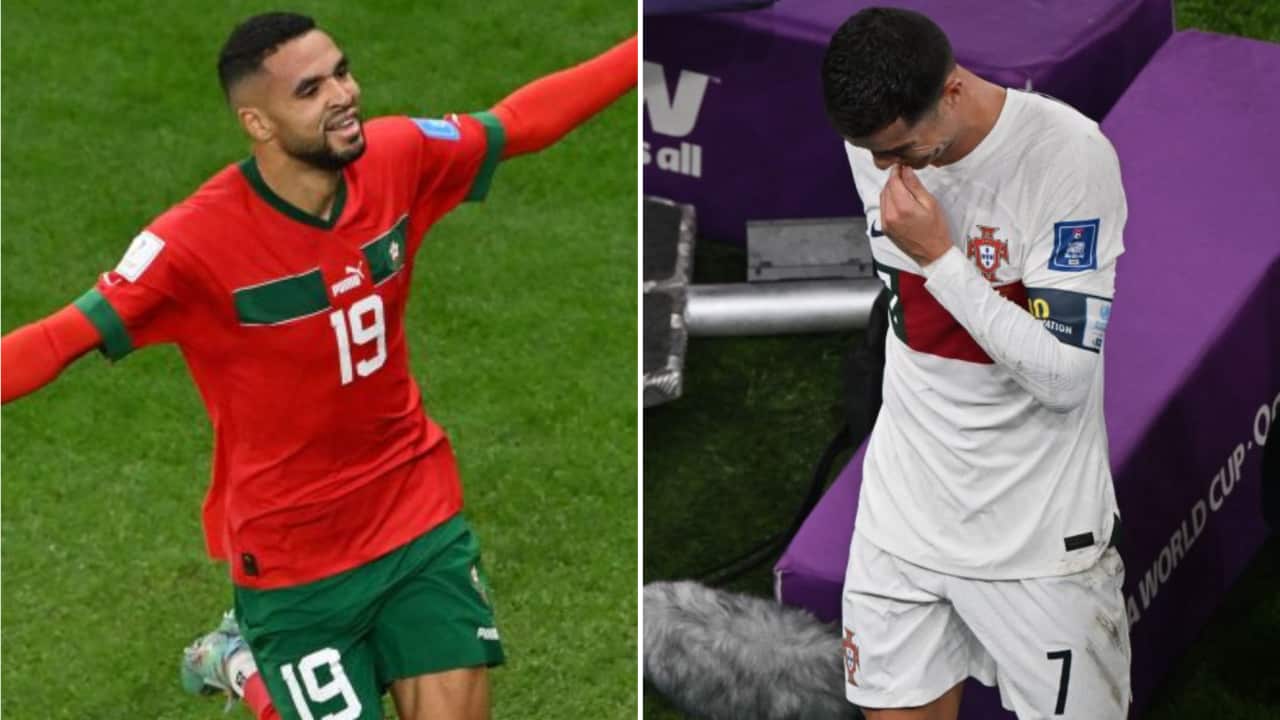 Morocco's Youssef En-Nesyri and Cristiano Ronaldo of Portugal