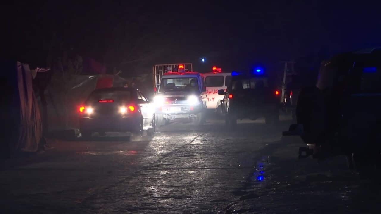This image made from AP video shows ambulances and security forces near the scene of an explosion in Kabul, Thursday, Jan. 4, 2018.