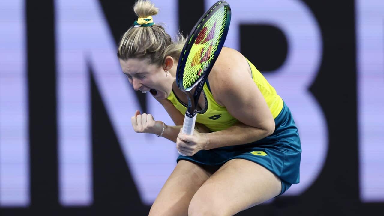 Storm Sanders of Team Australia celebrates winning the semi-final match between Team Australia and Team Great Britain at Emirates Arena in Glasgow, Scotland.