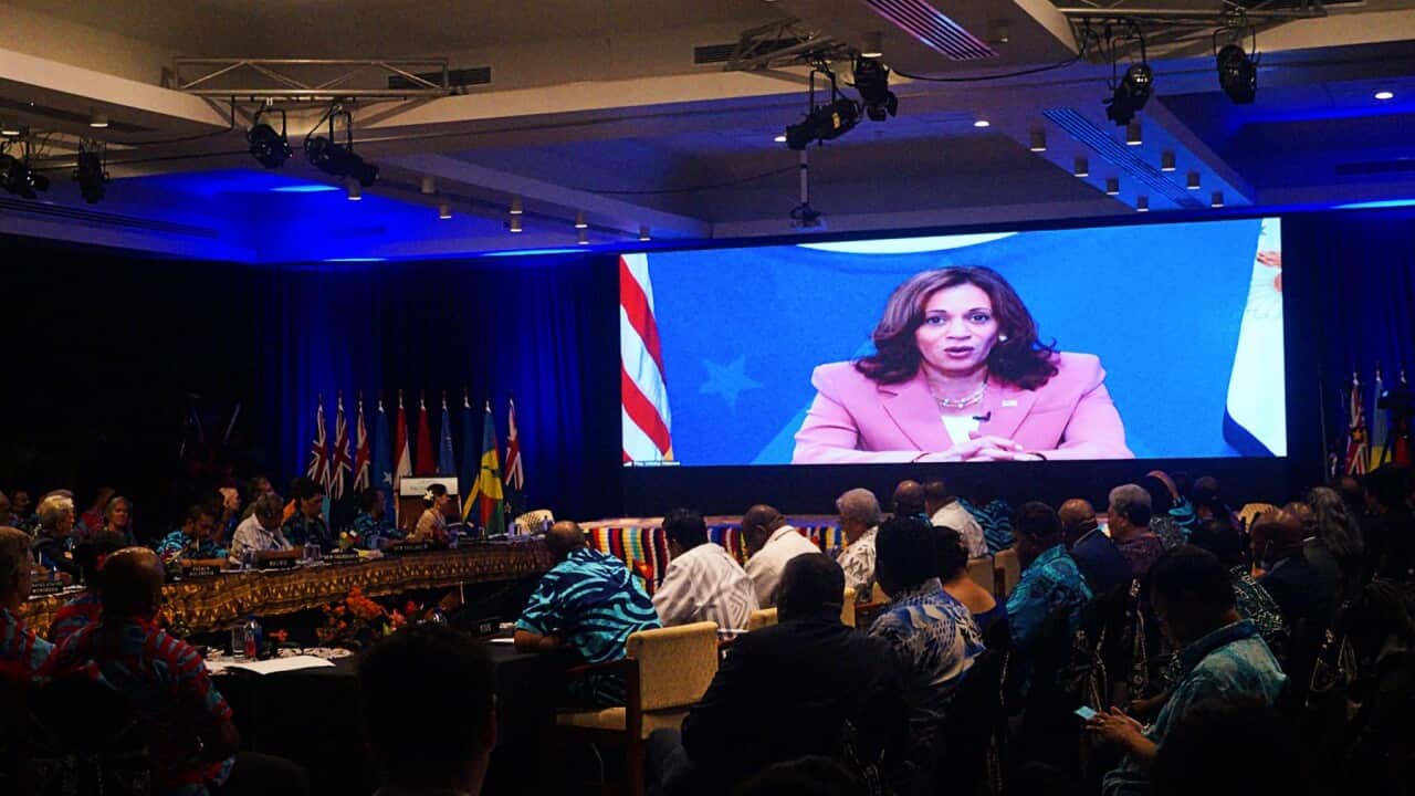 United States Vice President Kamala Harris virtually addresses the Pacific Islands Forum leaders summit in Suva, Fiji
