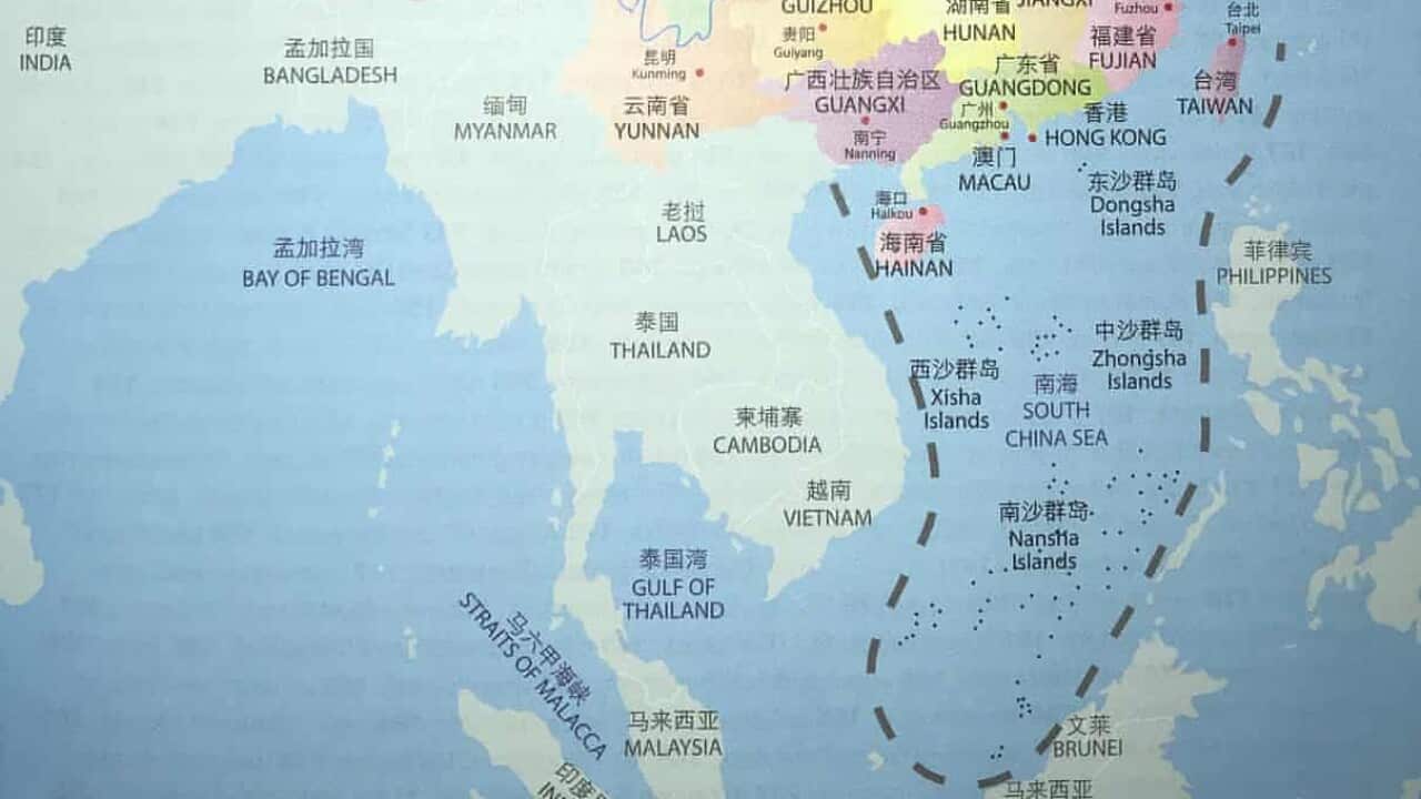 涉事教科書中,印上了中國聲稱擁有權益的「九段線」範圍。