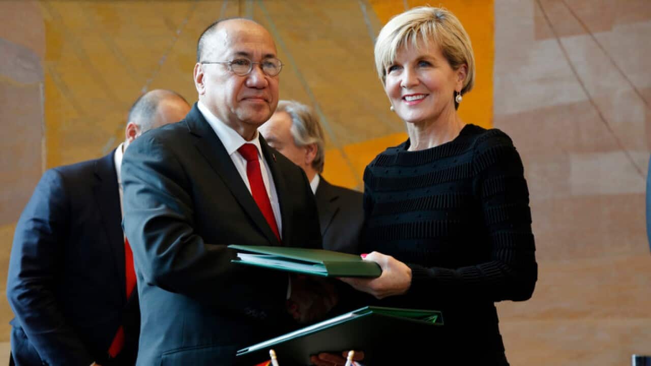 Timor Leste's Agio Pereira, left, and Foreign Minister Julie Bishop