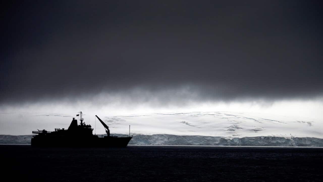 Chile's Navy ship Aquiles seen from Livingston Islands in Antarctica