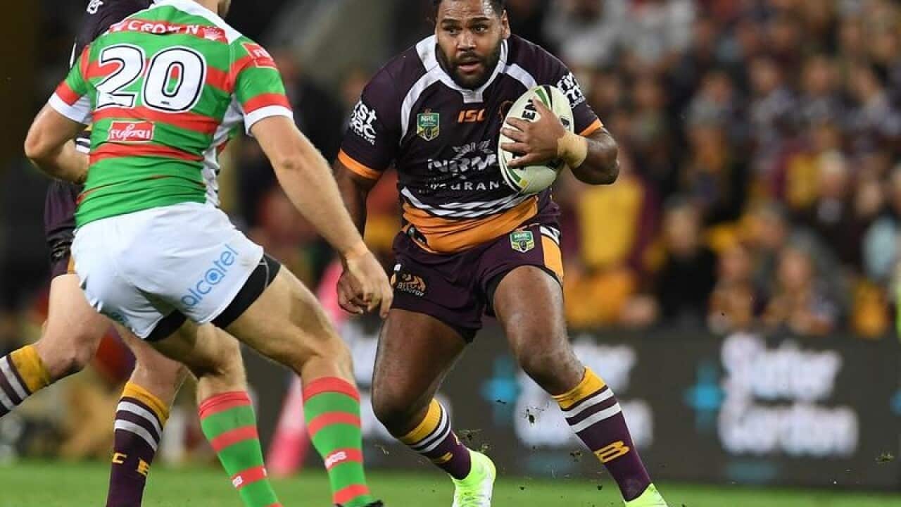Sam Thaiday of the Brisbane Broncos (right) in action.