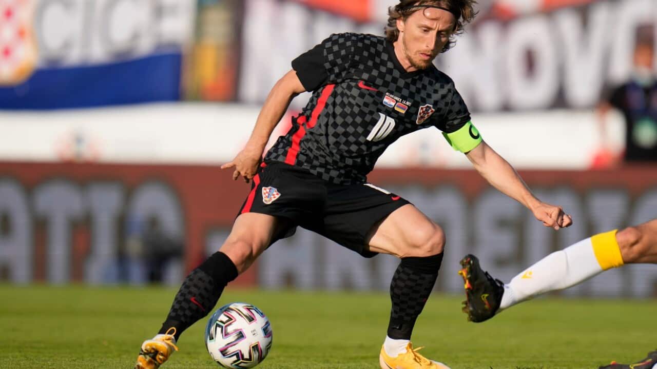 Croatia's Luka Modric in action during the international friendly soccer match between Croatia and Armenia in Velika Gorica, Croatia, Tuesday, June 1, 2021.