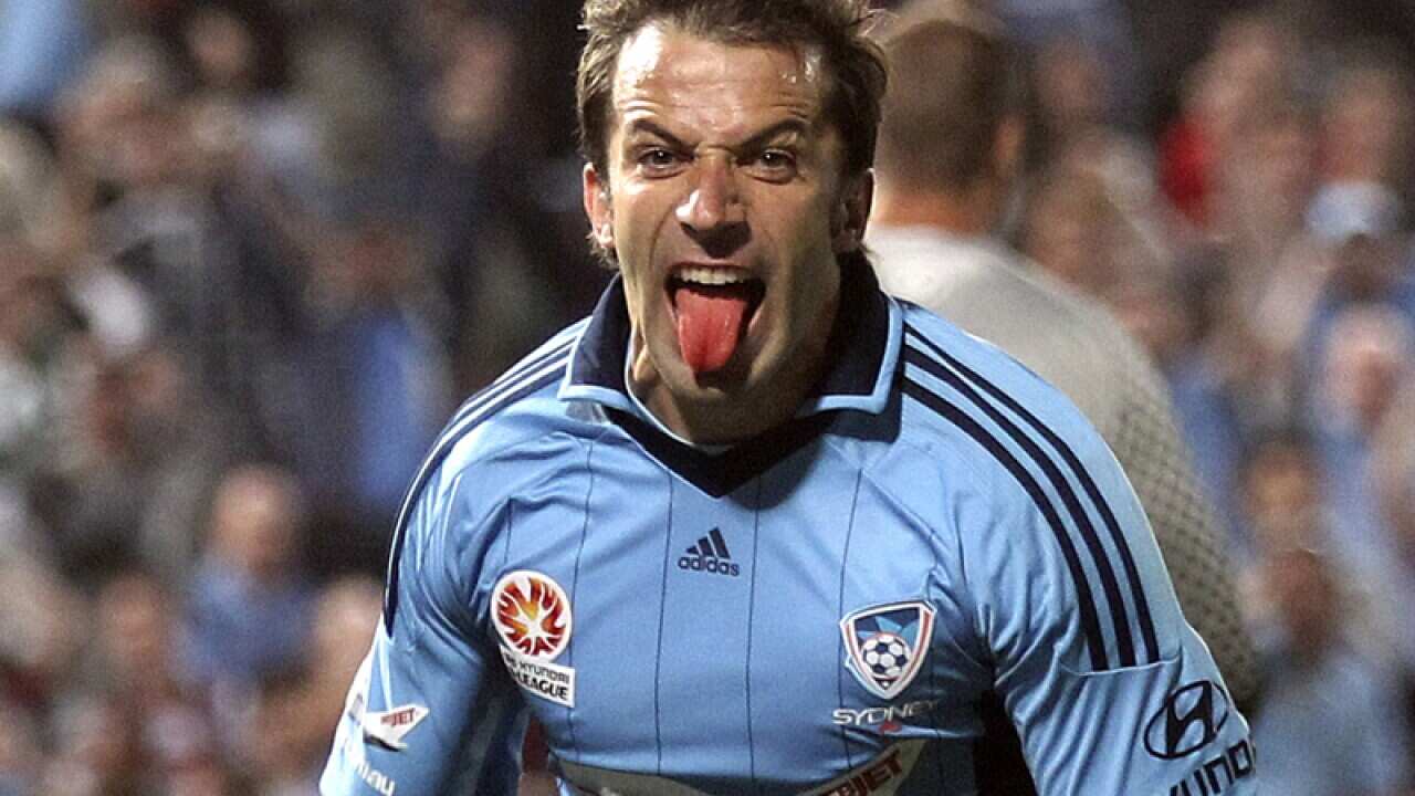 Sydney FC player Alessandro Del Piero celebrates after scoring a goal.