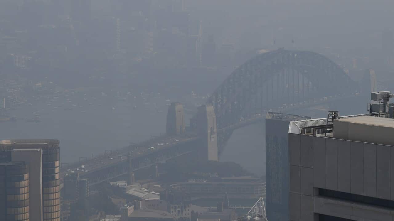 Smoke haze from bushfires in New South Wales blankets the CBD and Sydney Opera House in Sydney