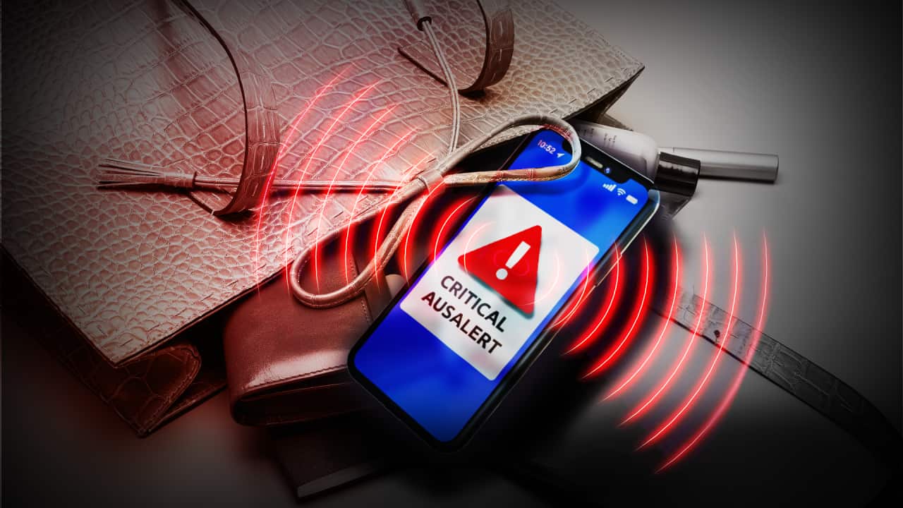 A stylised image of a smartphone displaying a critical alert message, spilling out of a handbag alongside other everyday items.