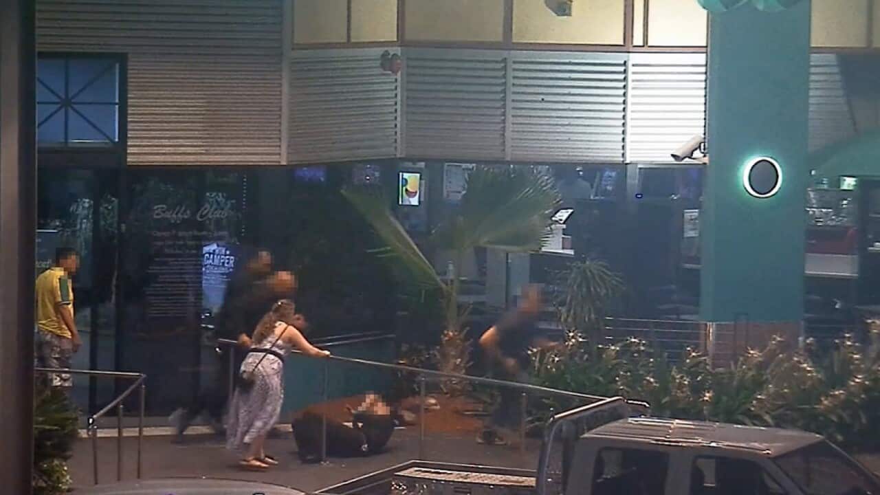 A supplied image taken from video footage obtained Sunday, Jan. 10, 2016 of a man attacking 36-year-old Melissa Abdoo outside The Buffs Club in Mount Isa after being refused entry. (AAP Image/QLD Police)